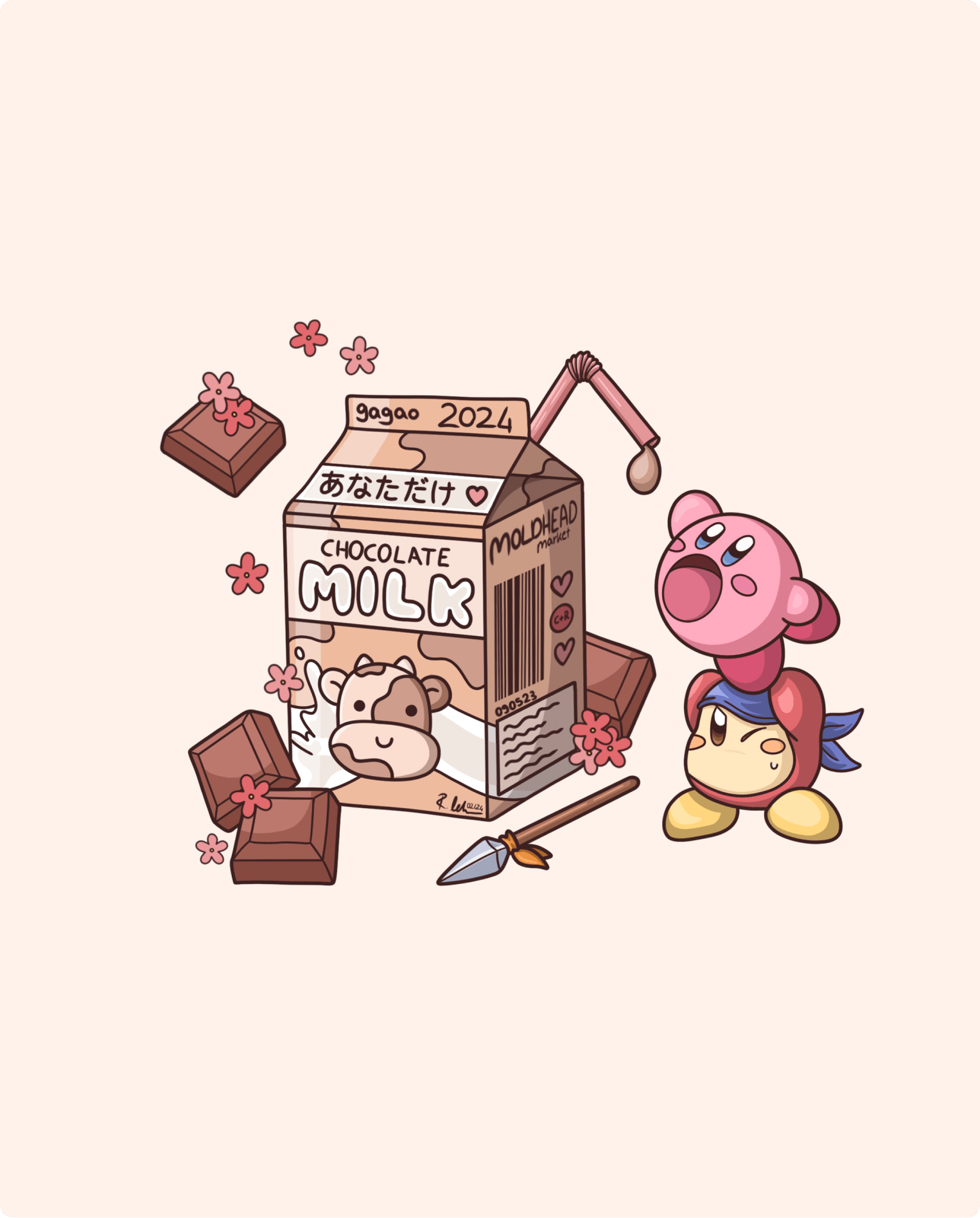 Kirby and Waddle Dee making a human pyramid to reach a straw on a cocoa package, illustrated with humor and creativity.